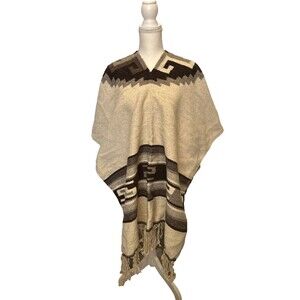 Vintage Woven Blanket Poncho Jacket Wool Cream Brown Fringe Western Boho